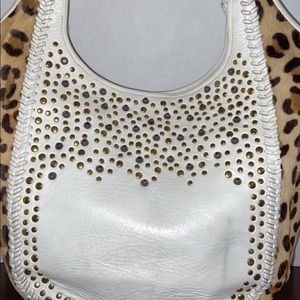Clever Carriage white leather and leopard haircalf studded bag